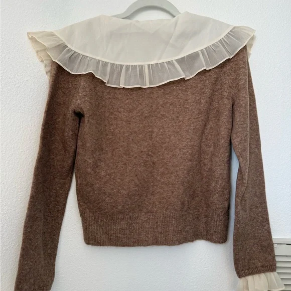 NWT Zara Brown Knit with Cream Ruffle Collar - Picture 2 of 2